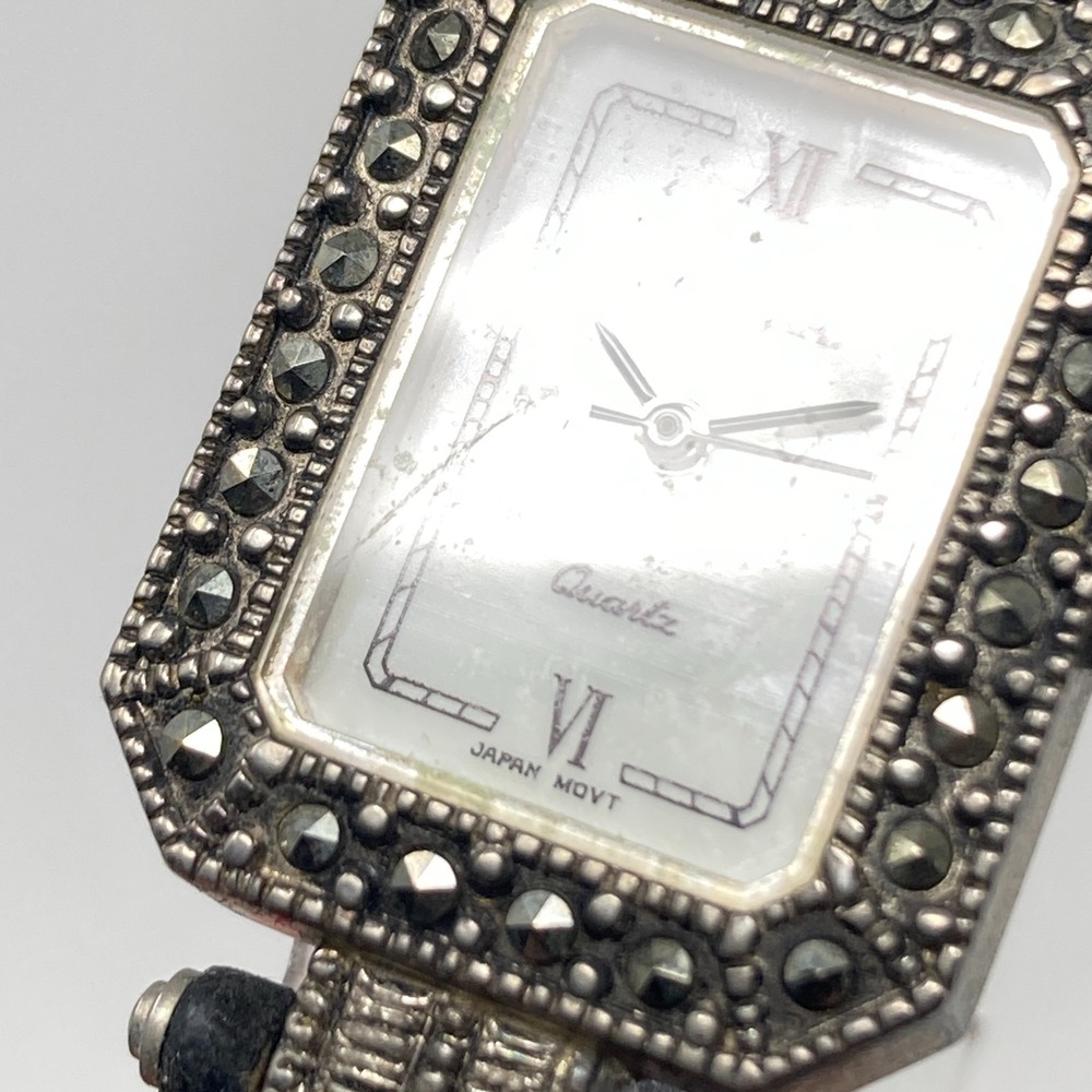 Vintage Futura Marcasite Tank Watch Women 22mm Silver Tone MOP New Battery 7.5" - Picture 5 of 16